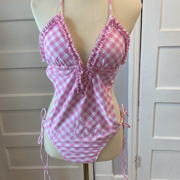 NWT Jessica Simpson Pink and White Gingham Print Monokini, Size XL - Picture 8 of 17